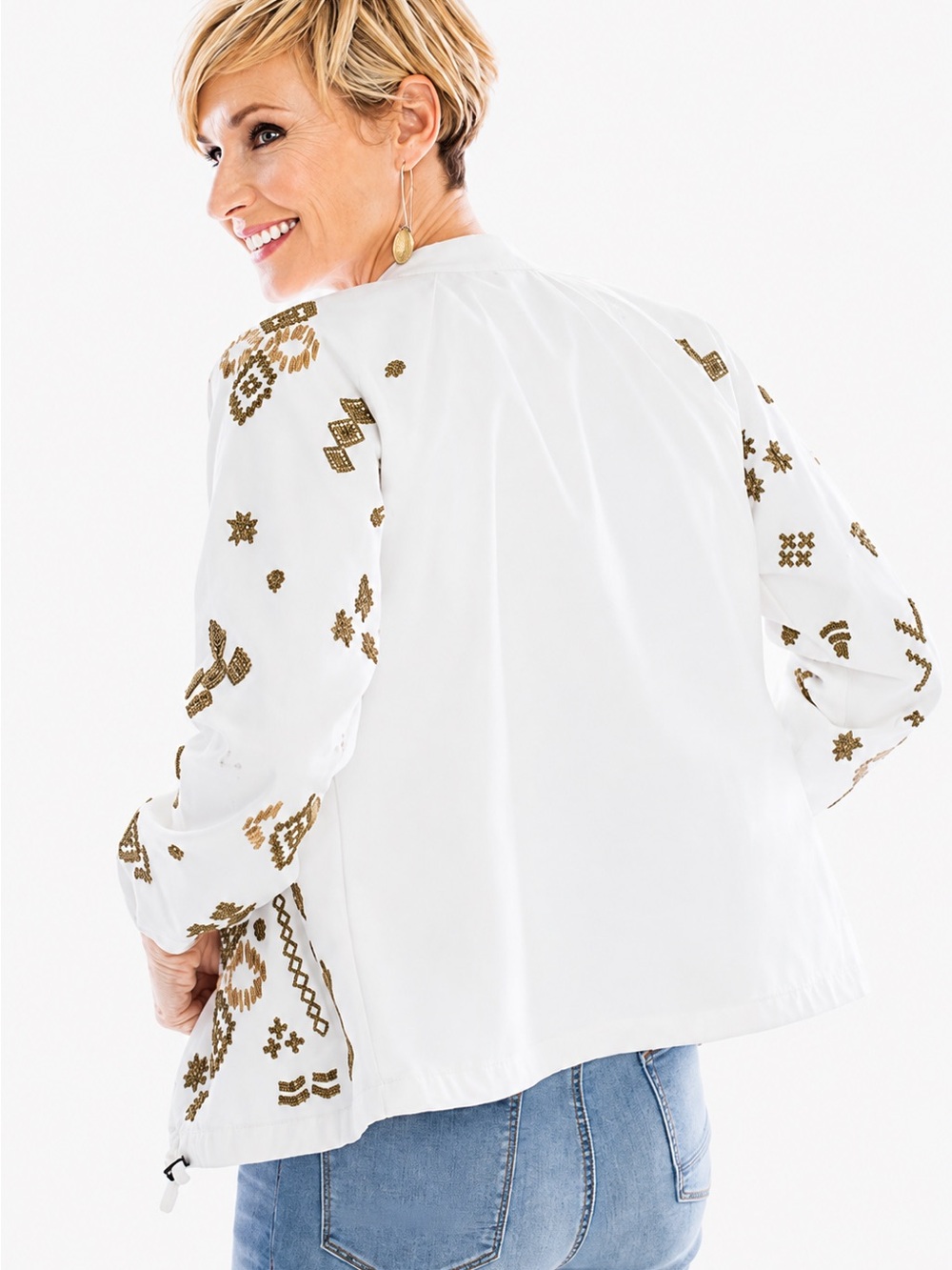 Chico's Beaded Aztec Southwestern Full Zip Jacket White Cream Size 2 Large - Picture 2 of 14